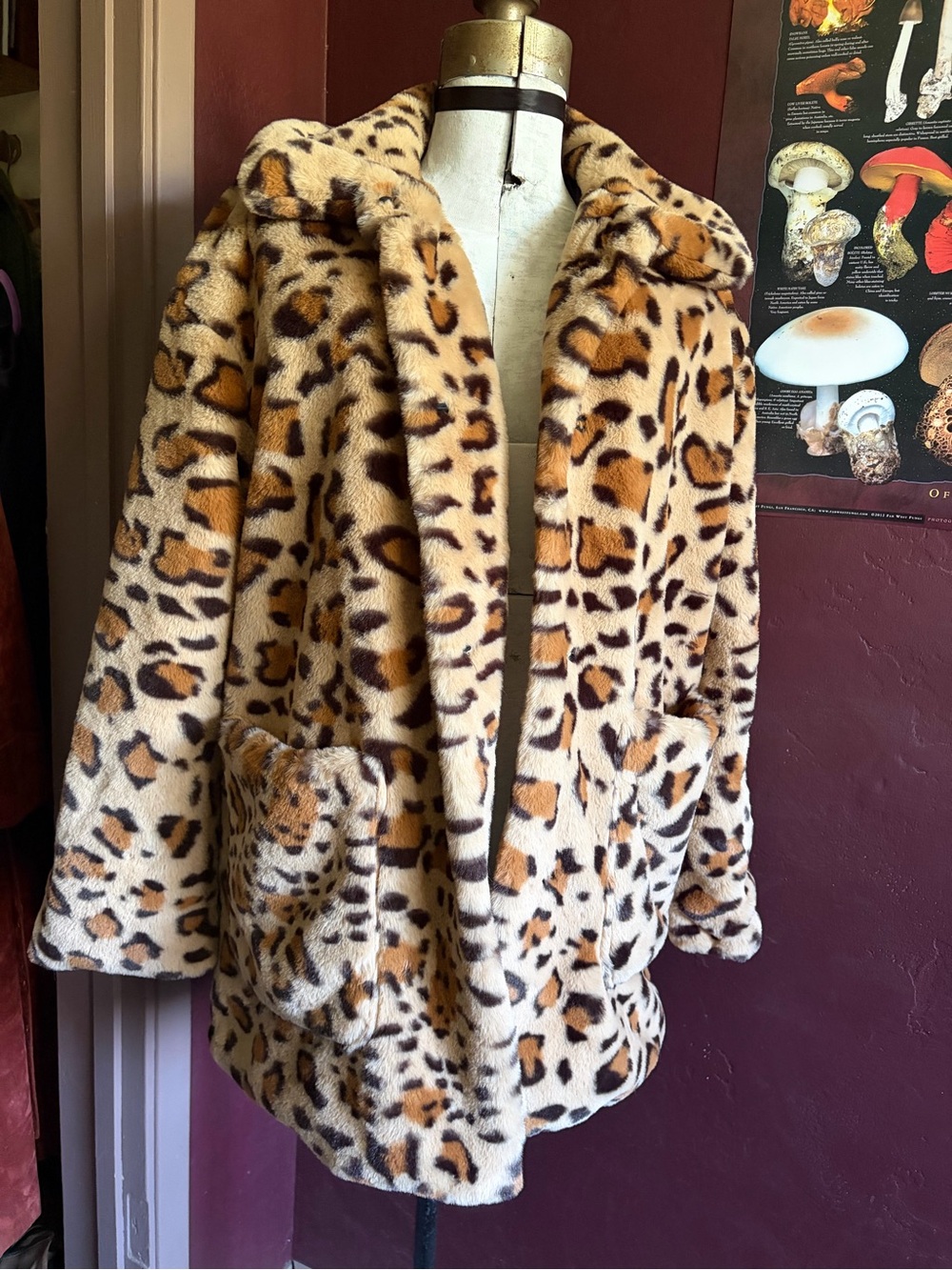 CoffeeShop Leopard Print Faux Fur Coat in Tan and Black